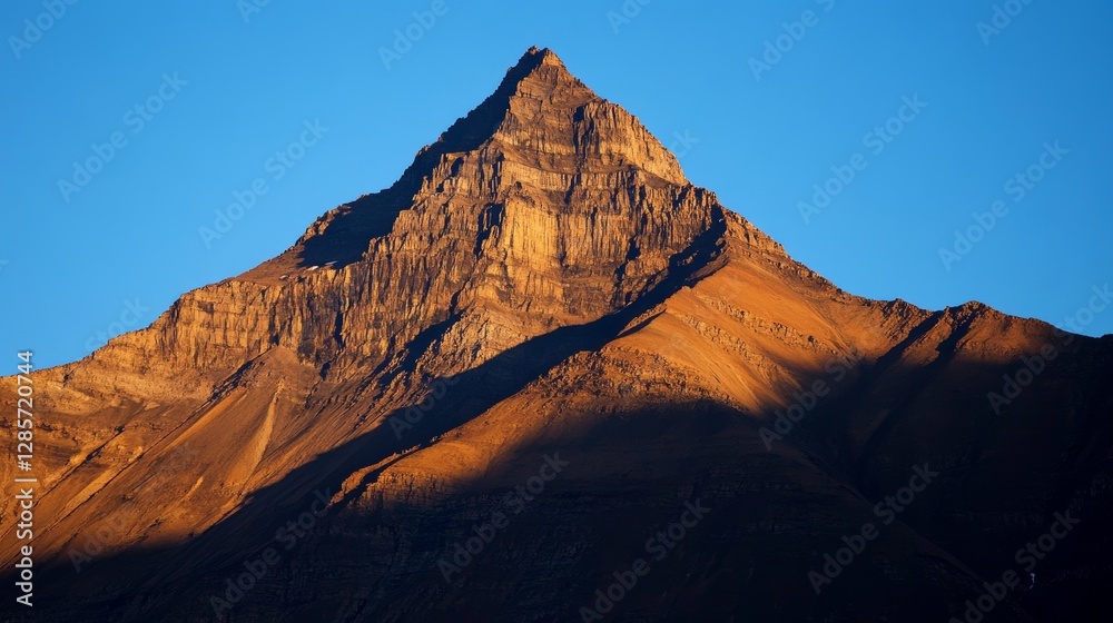 Naklejka premium A brown mountain stands tall in Glacier National Park as the sun rises, casting a warm glow on the peaks. A clear blue sky stretches above, creating a breathtaking landscape.