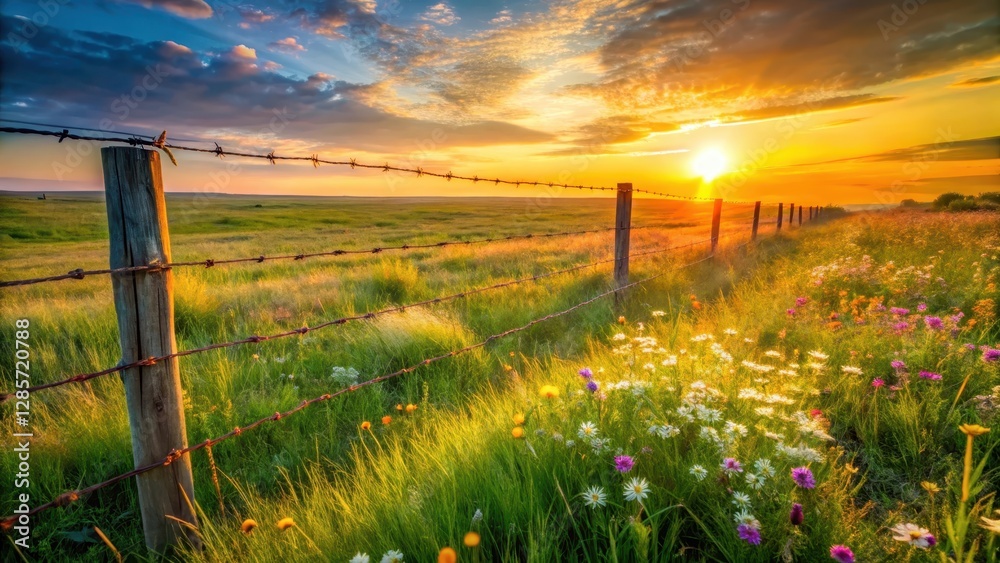 Fototapeta premium Golden Hour Serenity A Rustic Fence Lines a Vibrant Wildflower Meadow Bathed in the Warm Glow of a Setting Sun