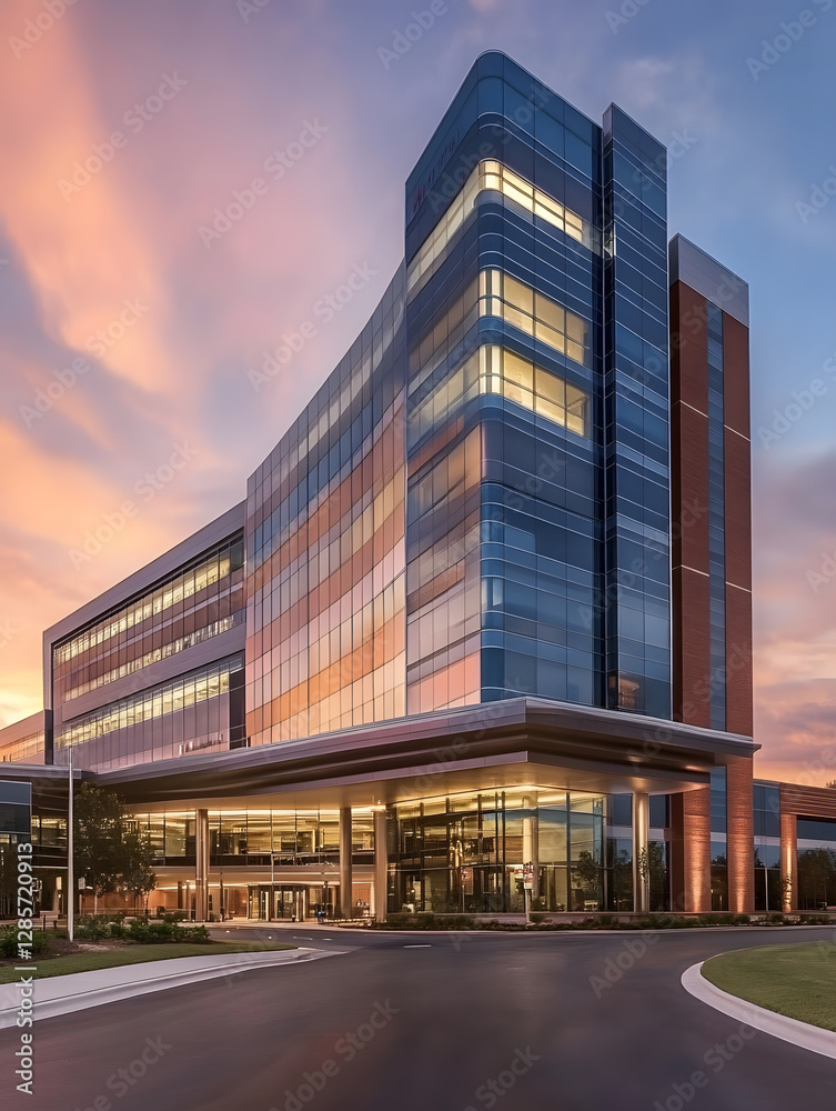 Obraz premium Modern Multistory Office Building Exterior with Glass Facade at Sunset : Generative AI