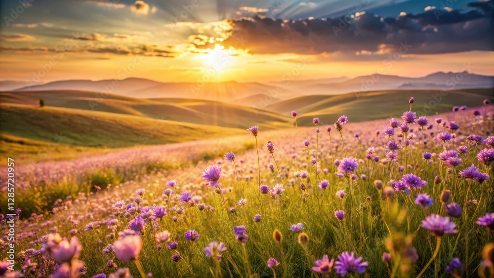 Obraz premium Golden Hour Serenity A Vibrant Meadow of Purple Flowers Basking in the Warm Glow of a Sunset Over Rolling Hills