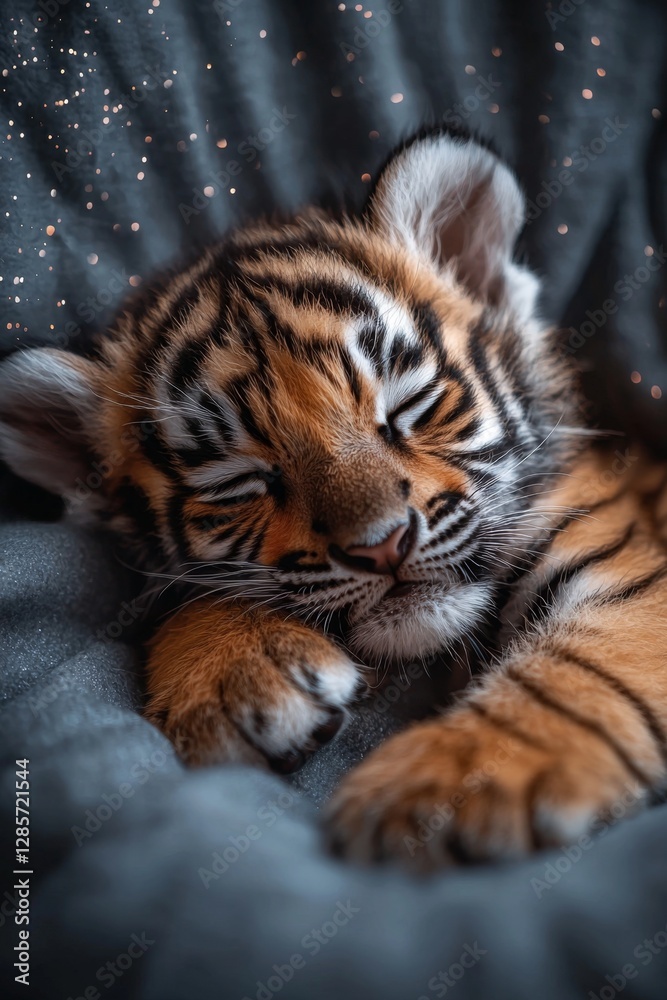 Obraz premium A small tiger cub sleeping on top of a blanket