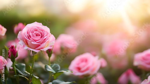Elegant Pink Roses Blooming in Soft Sunlight Creating Romantic and Serene Atmosphere : Generative AI