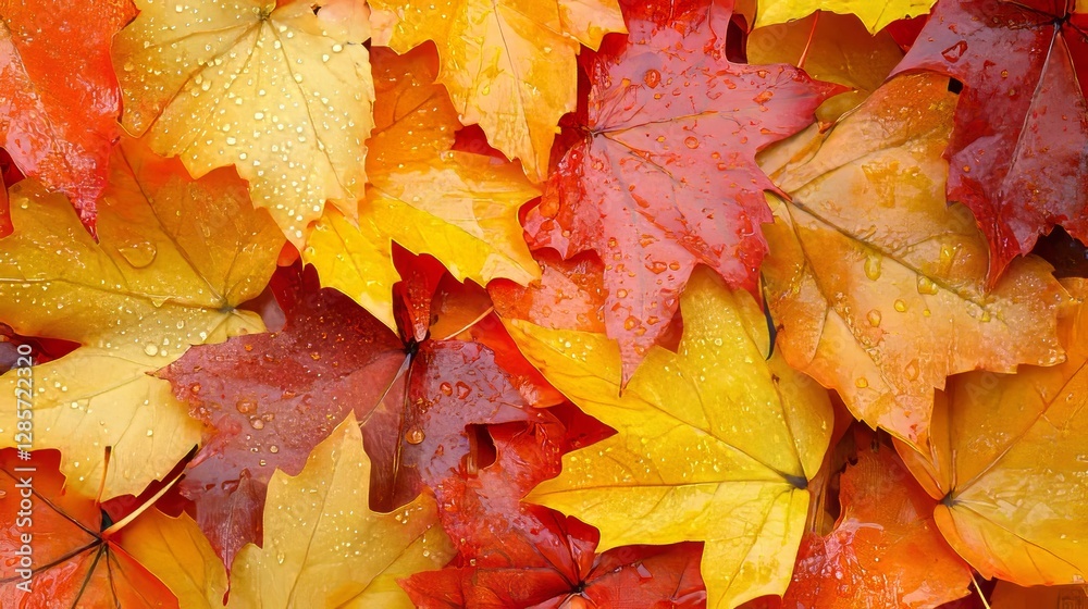 Fototapeta premium Autumn leaves with raindrops up close in Melbourne, Australia.