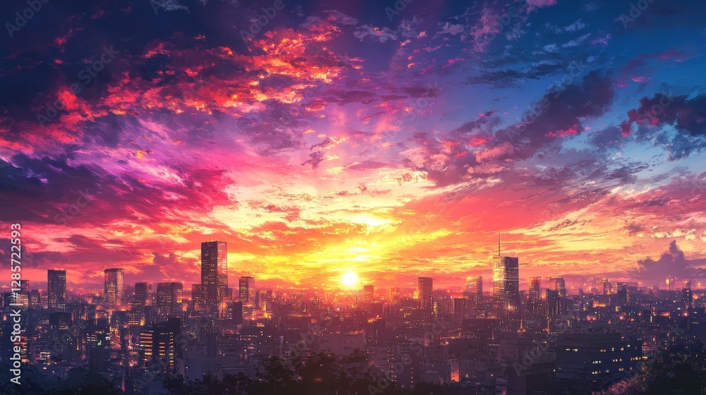 Obraz premium City lights twinkle under a colorful sky as the sun dips down over the horizon.