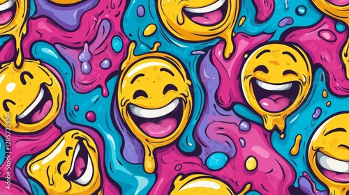 Funny crazy melt smile faces seamless pattern. Vector crazy cartoon character illustration. Smile smiley techno faces melting, acid, trippy, cells, techno seamless pattern, wallpaper print concept