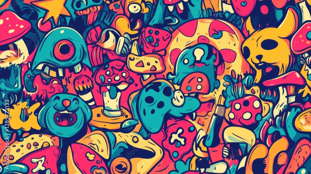 Fototapeta premium Groovy retro cartoon characters create a trippy pattern. These colorful comic characters, dogs, mushrooms, and pizza bring back the psychedelic vibes of the past.