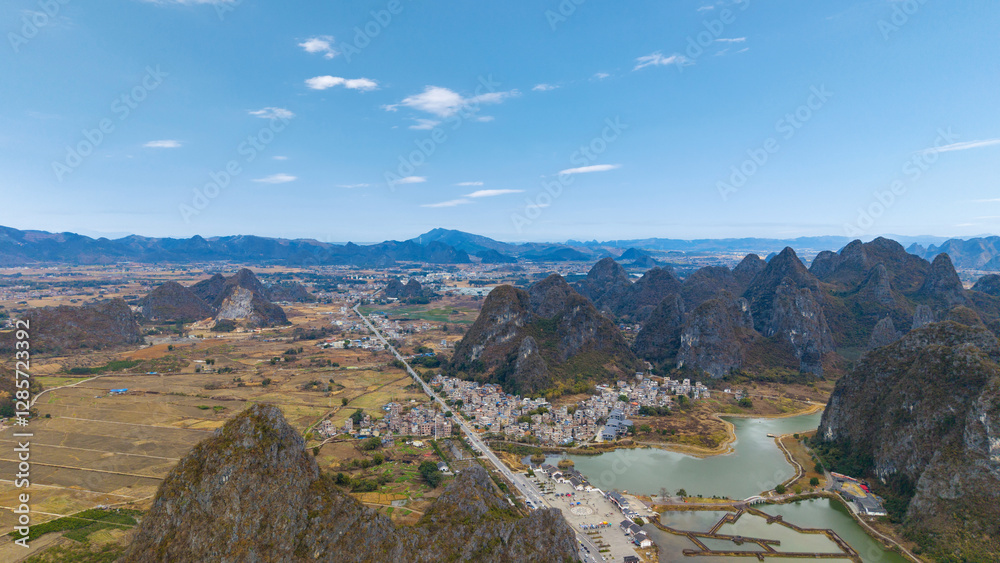 Rural scenery and karst landforms in Hezhou, Guangxi, China