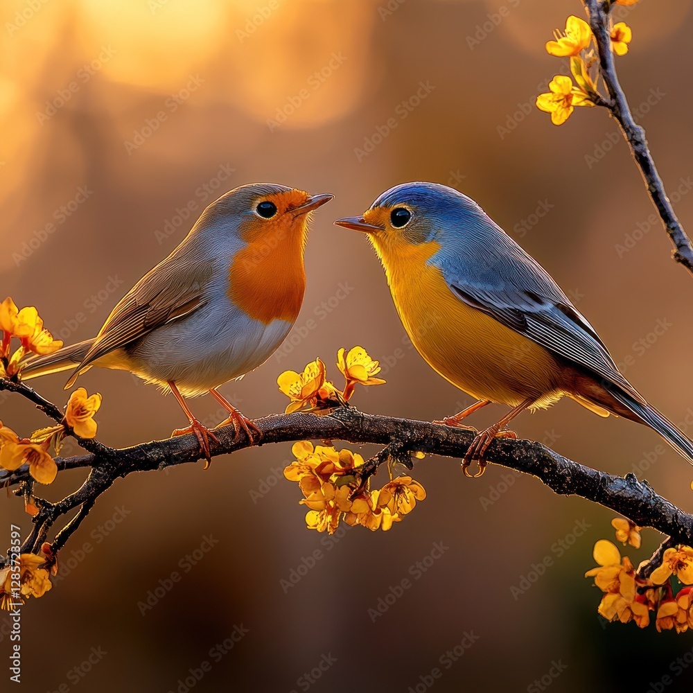 Robin and Sparrow Perched on Tree Branches in Lush Garden Setting Robin and Sparrow Perched on Tree Branches in Lush Garden Setting