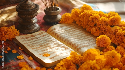 A sacred Vedic manuscript displayed on a silk cloth, surrounded by incense and vibrant marigold flowers,