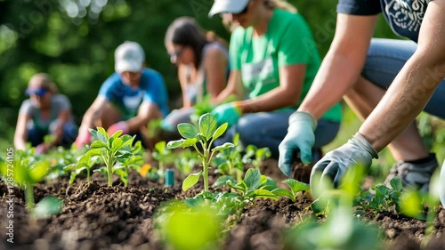 Community Volunteers Planting Sustainable Sprouts in Garden Field