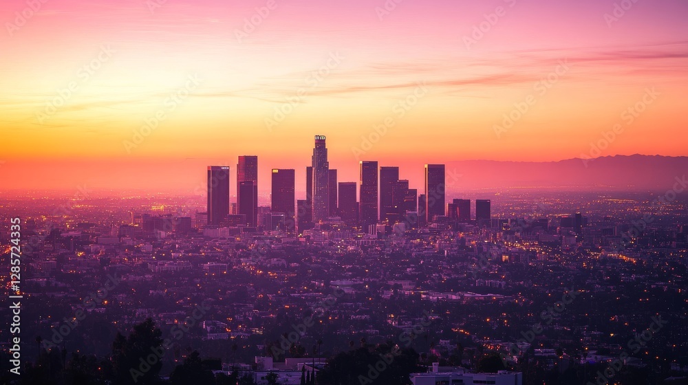 Obraz premium The city of Los Angeles looks beautiful as the sun starts to set, casting a warm glow on the buildings.
