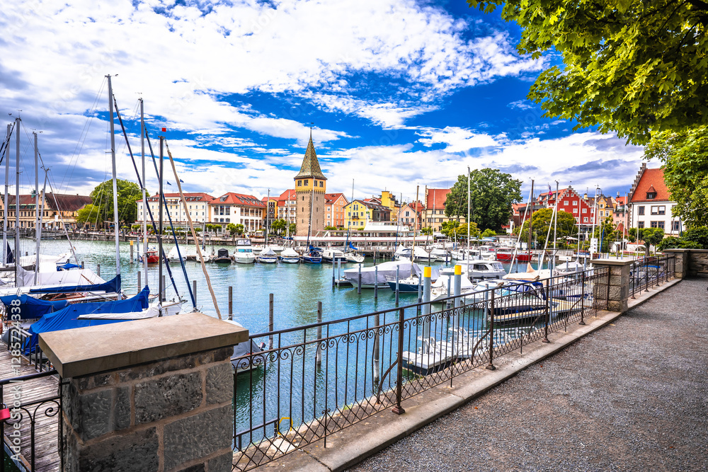 Town of Lindau on Bodensee lake coastline view