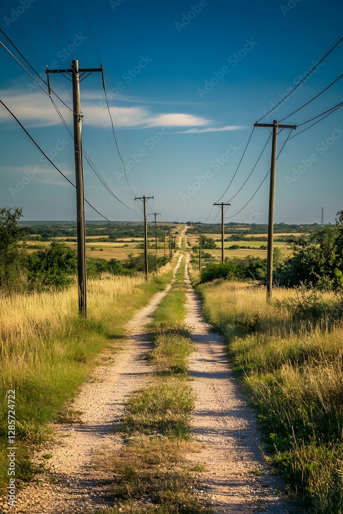 Dirt Path with Wooden Utility Poles Stretches through Countryside Landscape : Generative AI Dirt Path with Wooden Utility Poles Stretches through Countryside Landscape : Generative AI