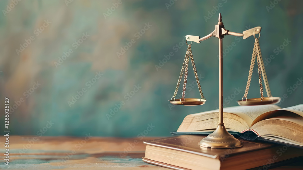 Elegant brass scales of justice on a wooden surface with an open law book in a serene background Elegant brass scales of justice on a wooden surface with an open law book in a serene background