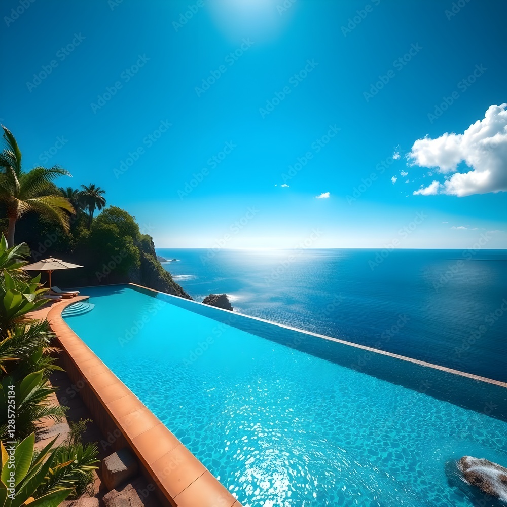 Obraz premium Piscina infinita en un resort de lujo con vista a un acantilado y el mar.