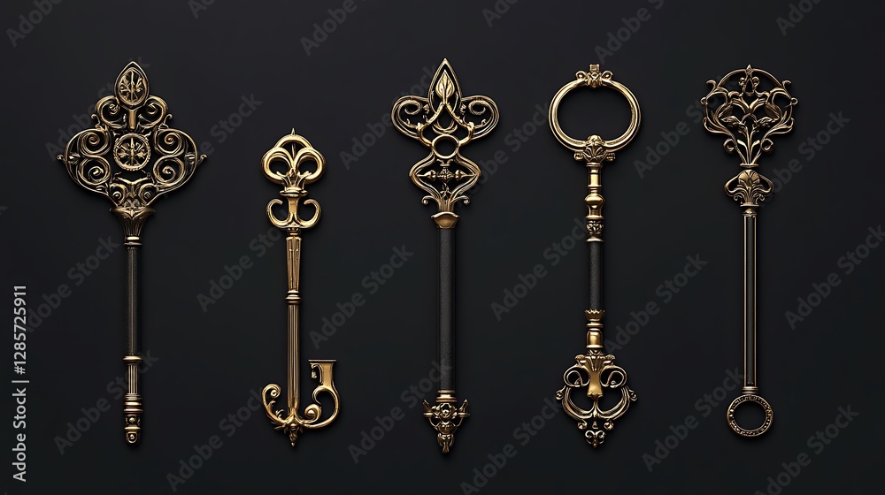 Ornate Antique Keys: A Dark Background 3D Render AI Generated Ornate Antique Keys: A Dark Background 3D Render AI Generated