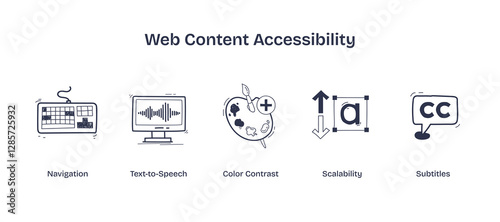 Web Content Accessibility focuses on inclusivity using icons like keyboard, monitor, and color palette. Doodle style icons.