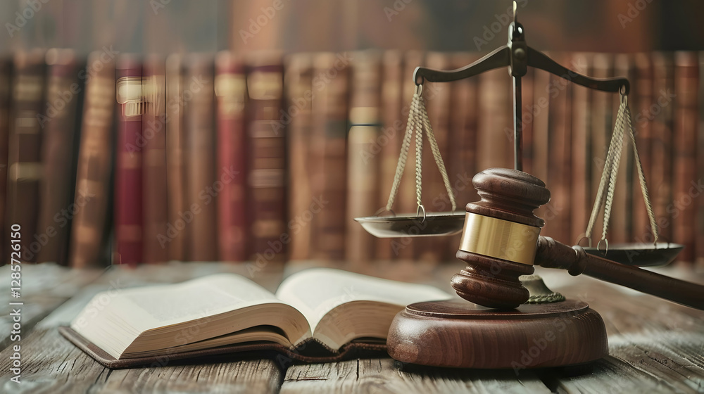 Legal scales and gavel positioned on an open law book with bookshelves in the background Legal scales and gavel positioned on an open law book with bookshelves in the background