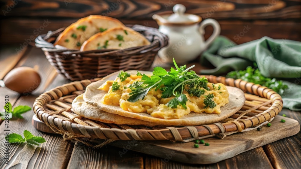 Scrumptious Scrambled Eggs with Fresh Herbs Served on a Flatbread, Nestled in a Rustic Wooden Setting Scrumptious Scrambled Eggs with Fresh Herbs Served on a Flatbread, Nestled in a Rustic Wooden Setting