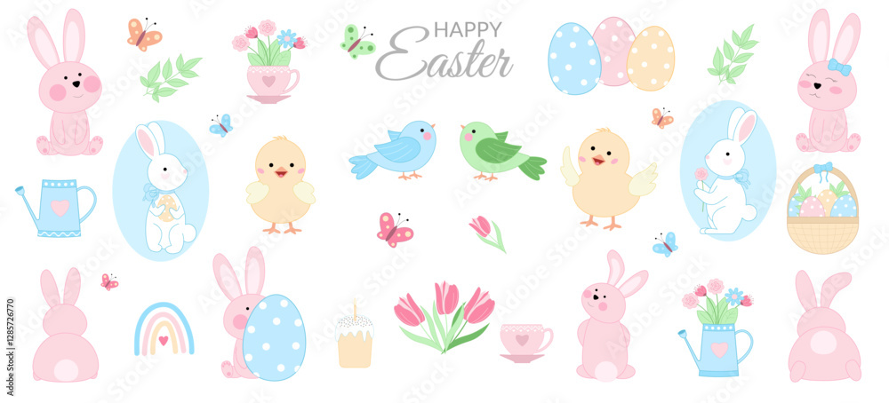 Cute Easter set, collection of spring elements and characters - rabbits, chicks, birds, butterflies, flowers, eggs, basket. Vector illustration isolated on white background Cute Easter set, collection of spring elements and characters - rabbits, chicks, birds, butterflies, flowers, eggs, basket. Vector illustration isolated on white background