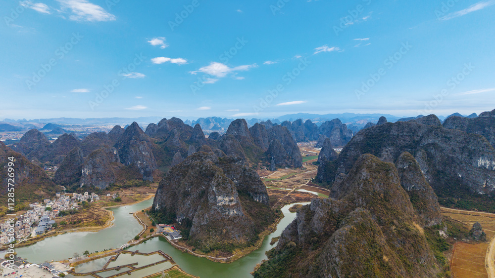 Rural scenery and karst landforms in Hezhou, Guangxi, China