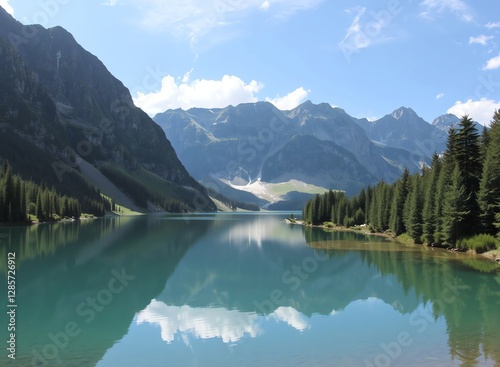 an image of a lake surrounded by mountains and pine trees, there is a lake with a mountain in the background photo