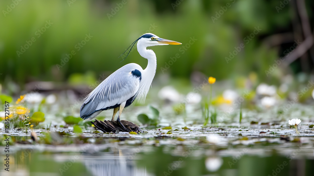 Naklejka premium Majestic Grey Heron Standing in Lush Green Wetland Habitat : Generative AI