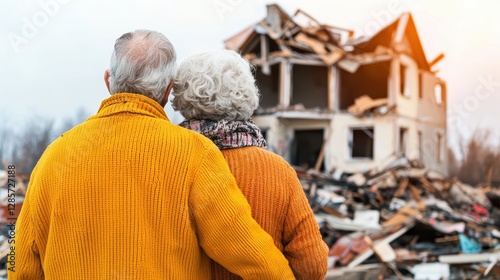 Natural Disasters, Elderly Couple Surveying Damaged Home Amidst Debris at Sunset and