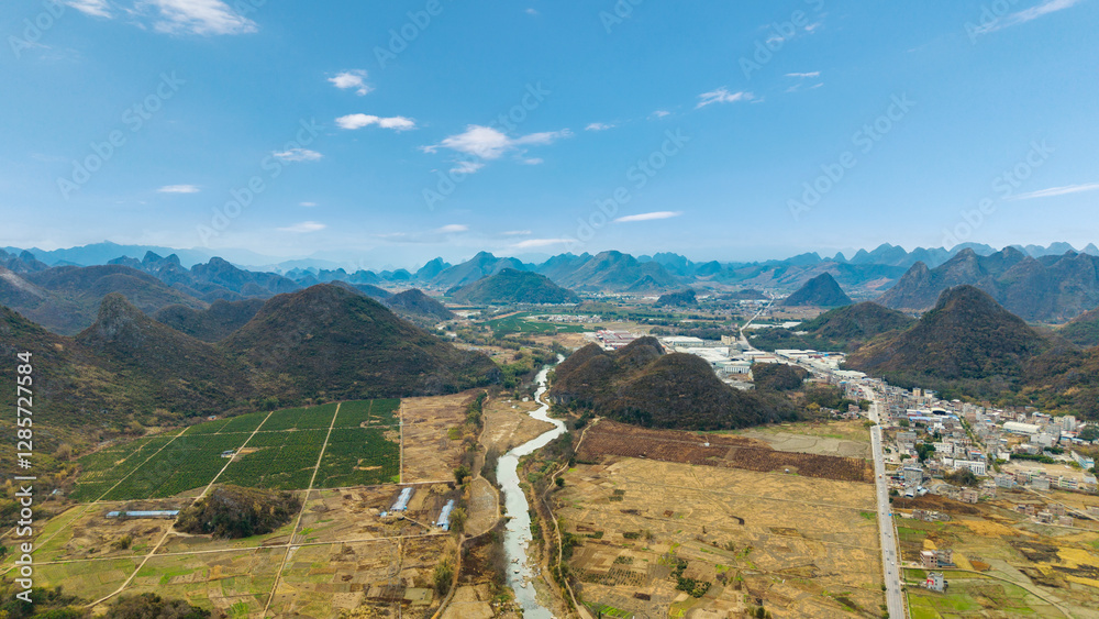 Rural scenery and karst landforms in Hezhou, Guangxi, China
