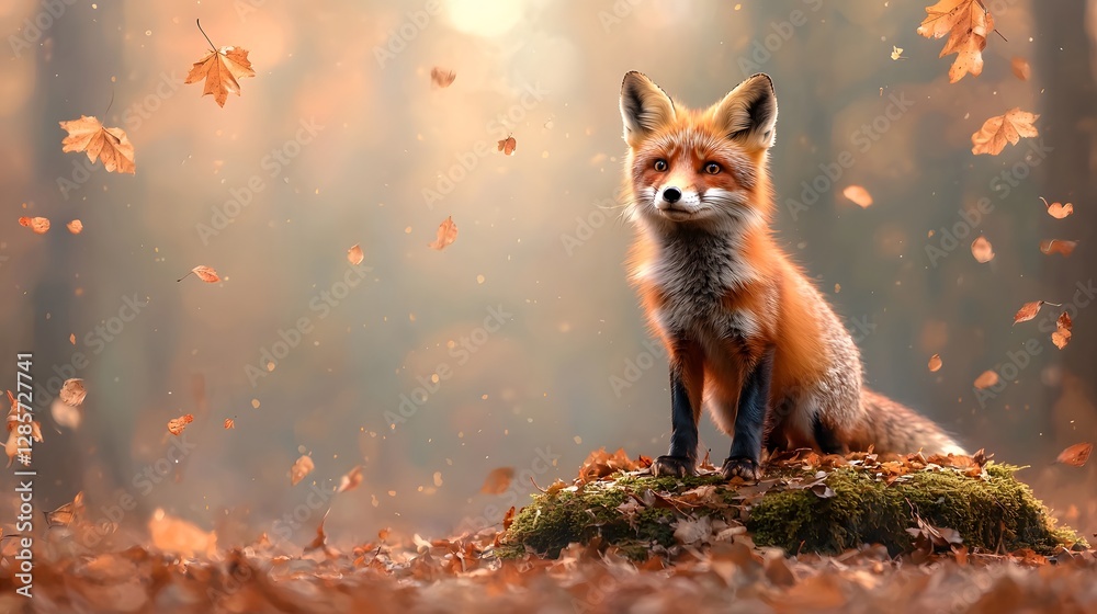 Obraz premium A captivating photograph showcasing a playful red fox standing gracefully on a moss covered rock in a serene woodland environment surrounded by golden autumn leaves and a peaceful atmosphere