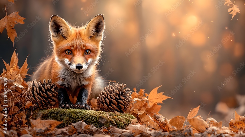 Fototapeta premium Playful red fox standing on a moss covered rock in a peaceful woodland setting surrounded by golden autumn leaves The image captures the tranquil and serene atmosphere of the natural environment