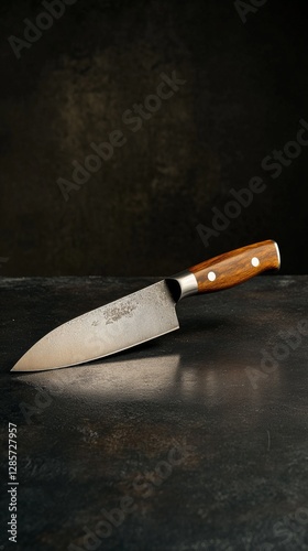 High-quality chef knife with wooden handle on dark background