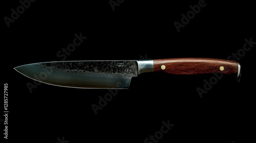 High-quality damascus steel knife with wooden handle on black background