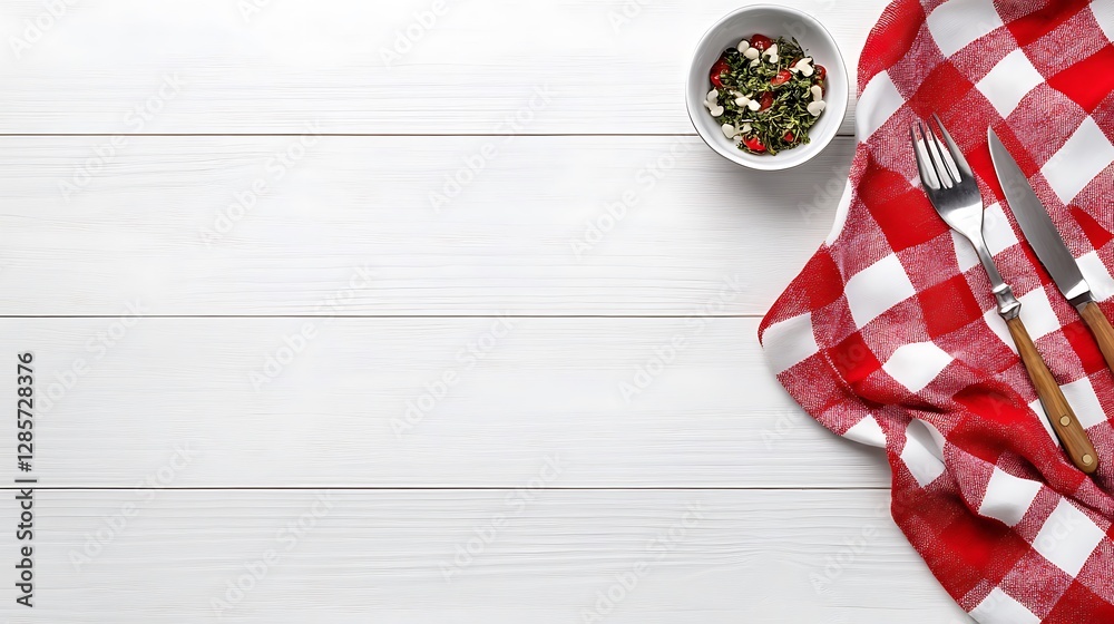 Obraz premium Red Gingham Napkin, Cutlery, and Small Bowl on White Wood Table AI Generated