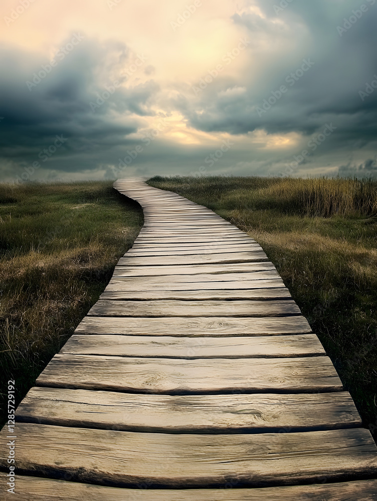 Fototapeta premium Serene Wooden Pathway Leading through Quiet Grasslands under Cloudy Skies : Generative AI