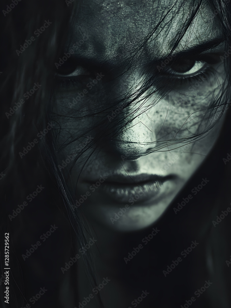 Moody Portrait of a Woman with Freckles and Intense Expression in Dark Lighting : Generative AI Moody Portrait of a Woman with Freckles and Intense Expression in Dark Lighting : Generative AI