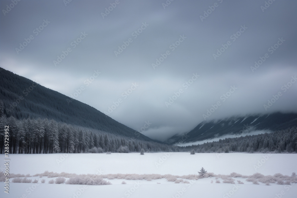 Fototapeta premium wild winter nature, snow-capped mountains and forest, dramatic cloudy sky, harsh northern landscape