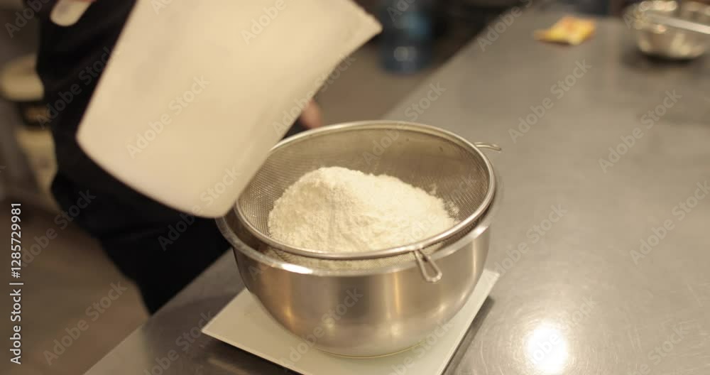 A professional baker sifts flour through a fine sieve in a commercial kitchen while preparing ingredients for baking. Close-up shots show the precision and skill involved in creating the perfect dough