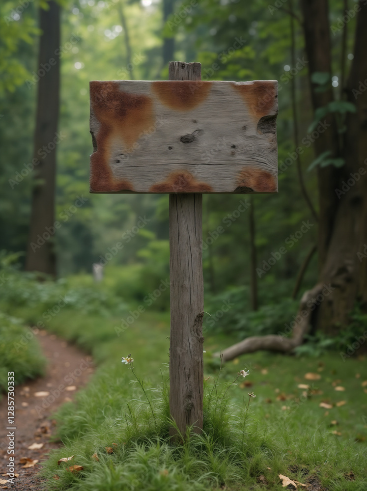 an empty sign board on the background of a forest, made of wood, old and weathered plaque an empty sign board on the background of a forest, made of wood, old and weathered plaque