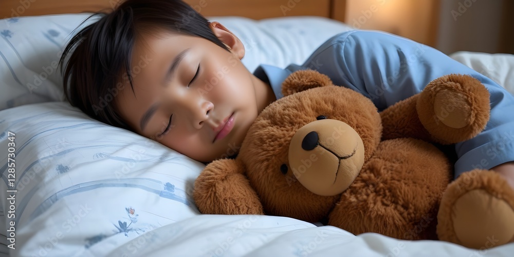 A young Caucasian boy sleeping peacefully while hugging a brown teddy bear A young Caucasian boy sleeping peacefully while hugging a brown teddy bear