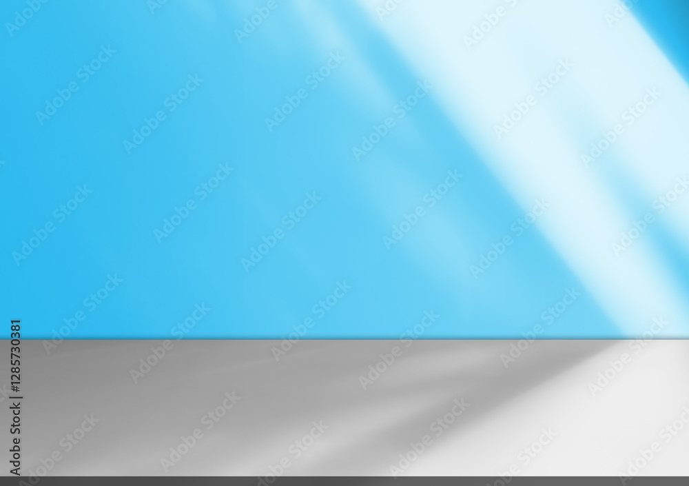 Fototapeta premium Blue background wall shadow line on stage podium presentation product summer or winter, surface floor frame backdrop loft cement table grey white studio room overlay wallpaper abstract mockup.