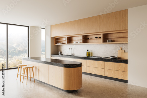 Modern minimalist kitchen interior with wooden cabinetry and black countertop. 3D Rendering