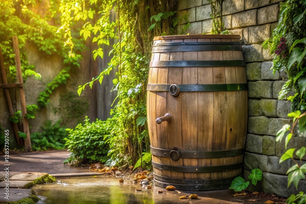 Rustic wooden barrel resting against a stone wall in a lush garden setting, sunlight illuminating the scene Rustic wooden barrel resting against a stone wall in a lush garden setting, sunlight illuminating the scene