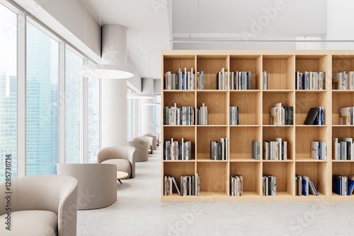 Modern library interior with wooden bookshelves and comfortable seating area. 3D Rendering photo