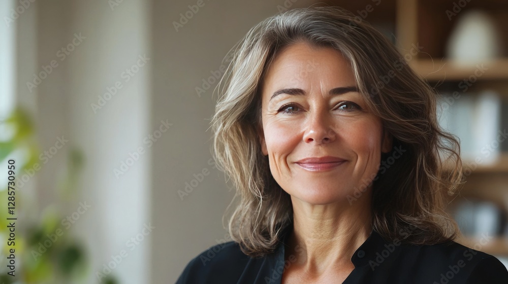 A confident, middle-aged businesswoman with a smile. She's 45 years old and an entrepreneur and leader. She's standing in her office looking at the camera. A confident, middle-aged businesswoman with a smile. She's 45 years old and an entrepreneur and leader. She's standing in her office looking at the camera.
