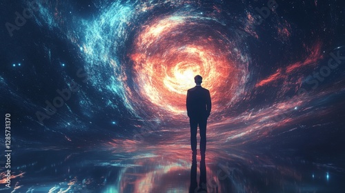 A symbolic depiction of atheism through futuristic designs featuring innovation and human progress,