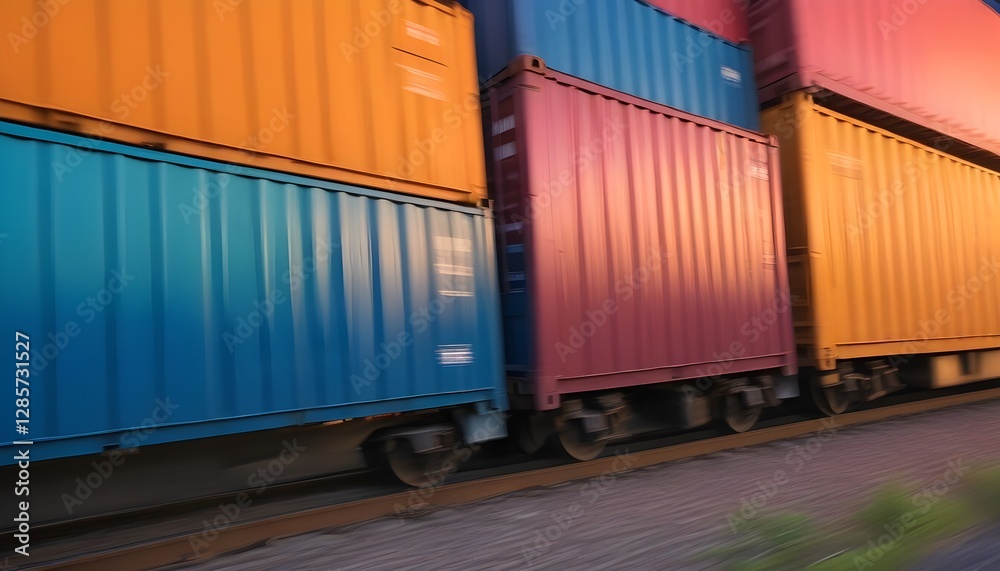 Fototapeta premium Multicolored freight containers on a moving train, with blurred motion creating a dynamic and vibrant scene