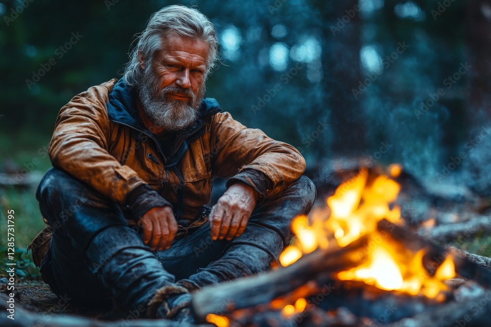Man sitting by a campfire in a forest during twilight surrounded by trees and smoke Man sitting by a campfire in a forest during twilight surrounded by trees and smoke