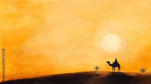 Camel Rider in African Desert Landscape with Palms Watercolor Sketch