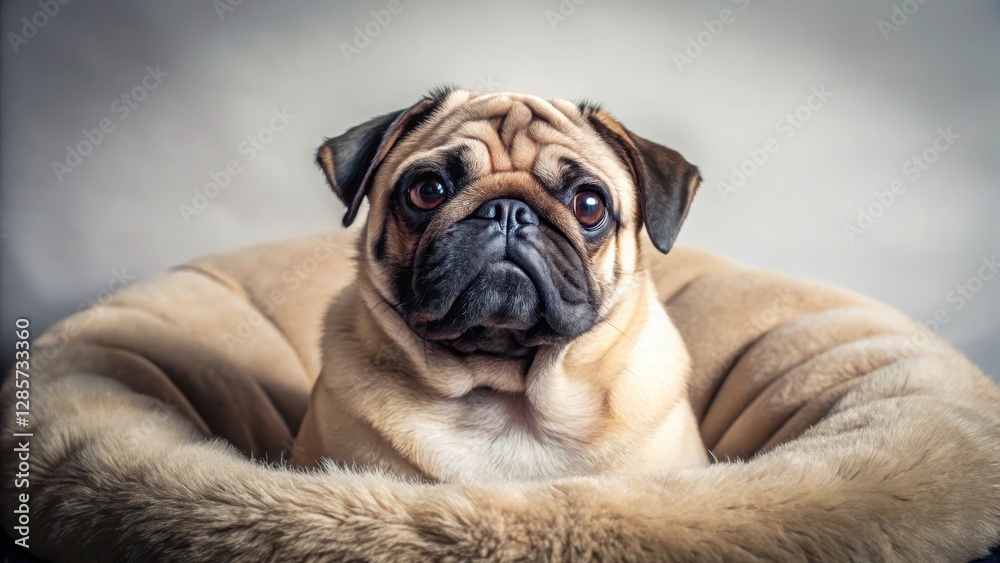 A charming fawn pug dog rests contentedly in a plush, cozy pet bed, its expressive eyes gazing directly at the camera, a picture of canine comfort and serenity.